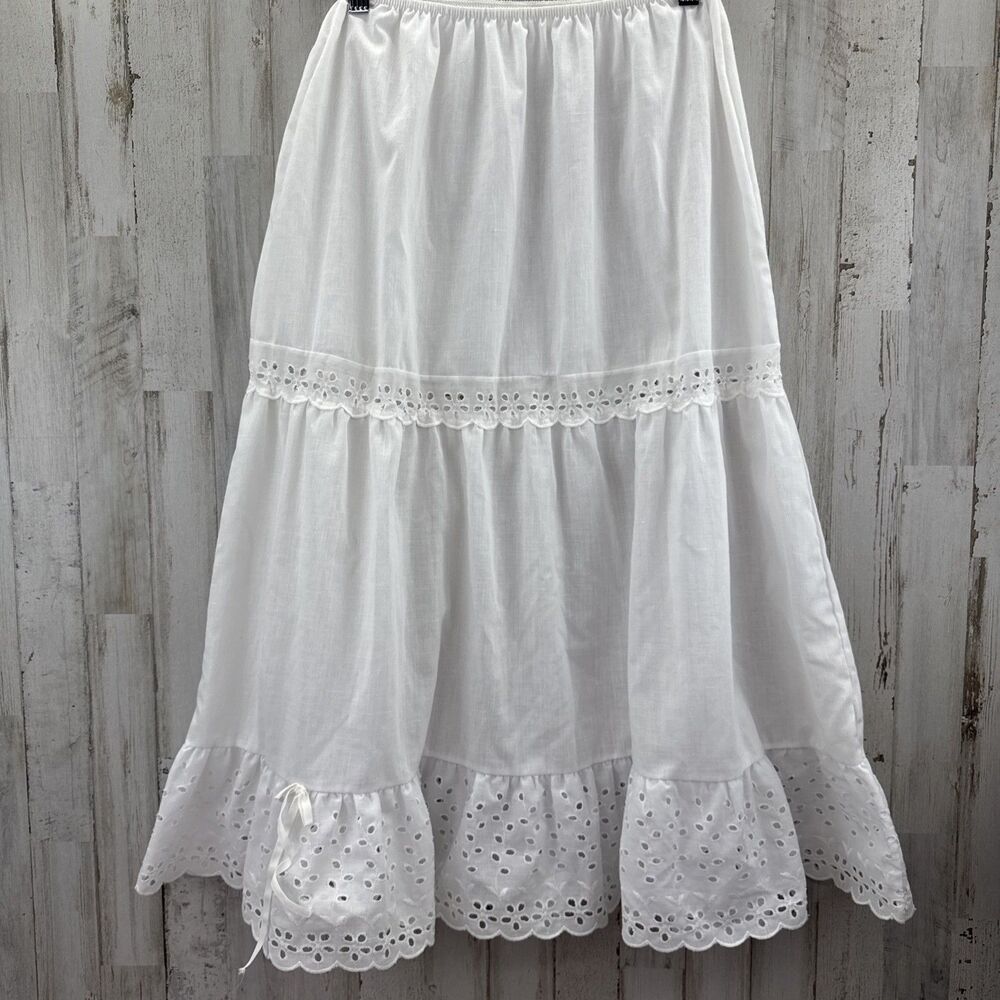 Vintage Victorian White Eyelet Embellished Cotton Maxi Skirt Small Boho Summer
